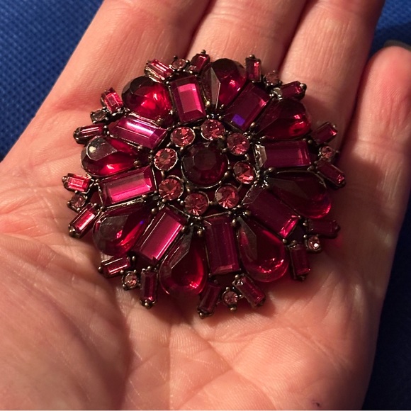 Pink Red Rhinestone Vintage MCM cabochon starburst crystal brooch - Picture 1 of 3